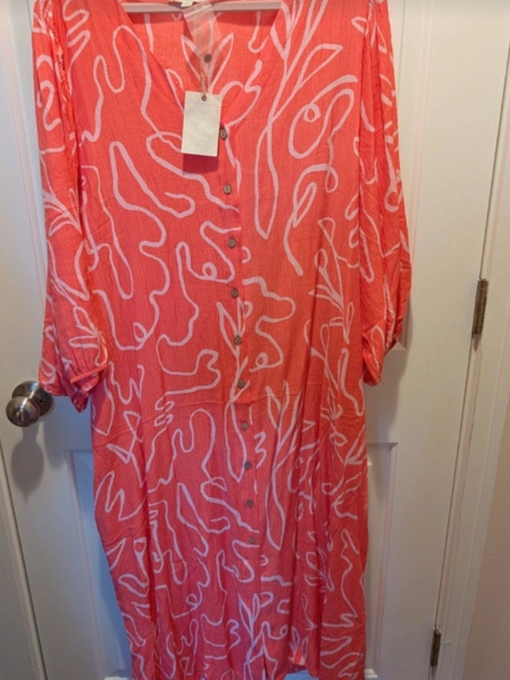 easel Coral & White Abstract Maxi Button Up Shirt Dress